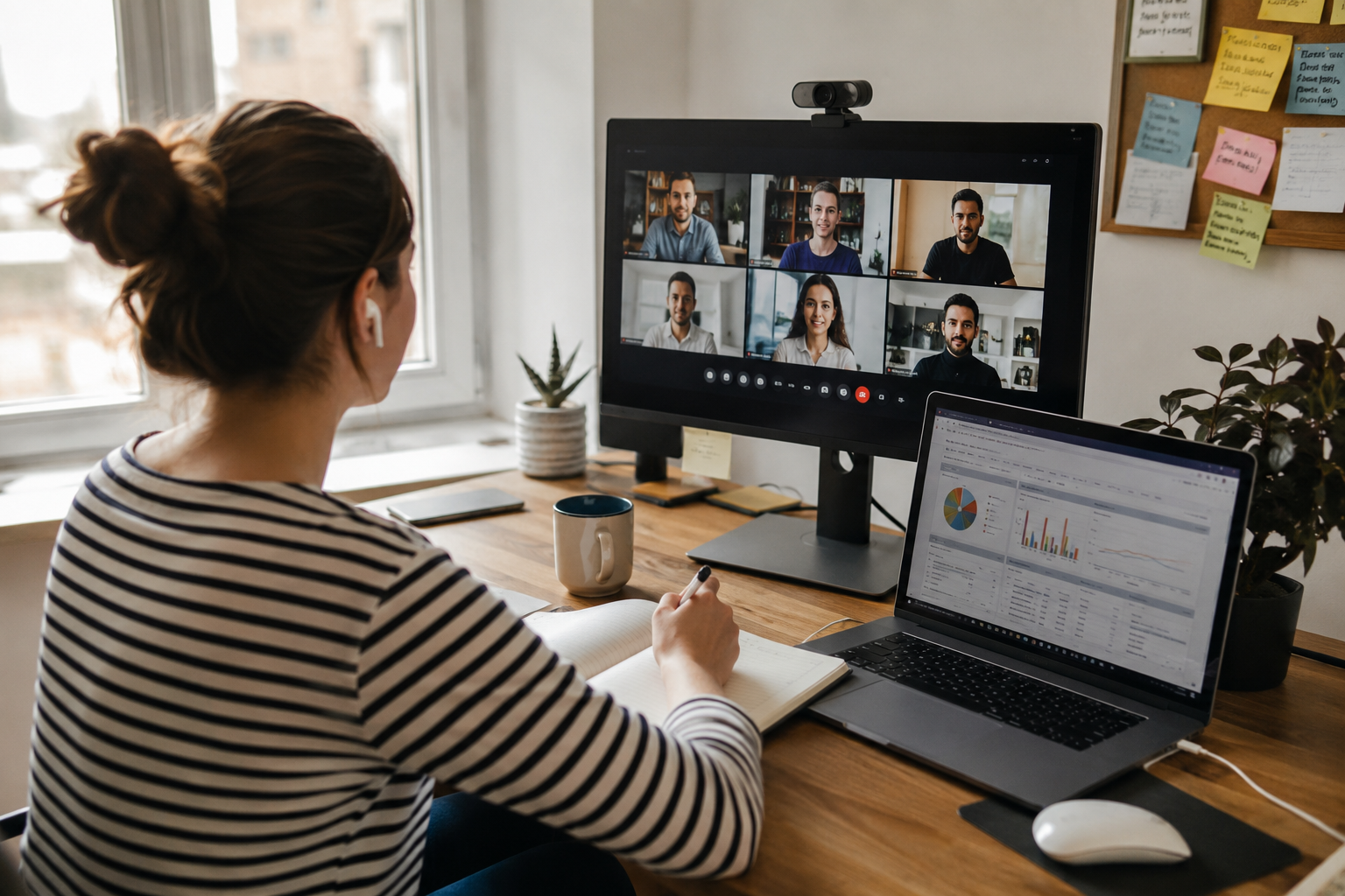 Professionista in smart working durante una videochiamata, con dashboard di dati sul laptop, a rappresentare l’integrazione tra intelligenza artificiale, collaborazione digitale e lavoro da remoto.