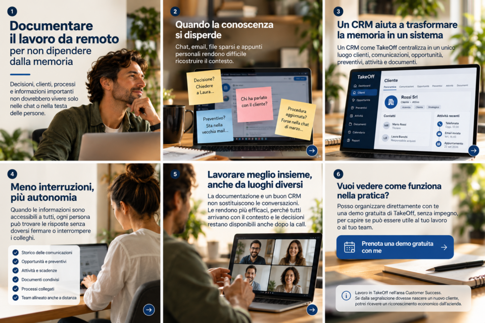 Carosello Remo Nomad sulla documentazione del lavoro remoto e sull'utilizzo di un CRM per condividere informazioni nel team