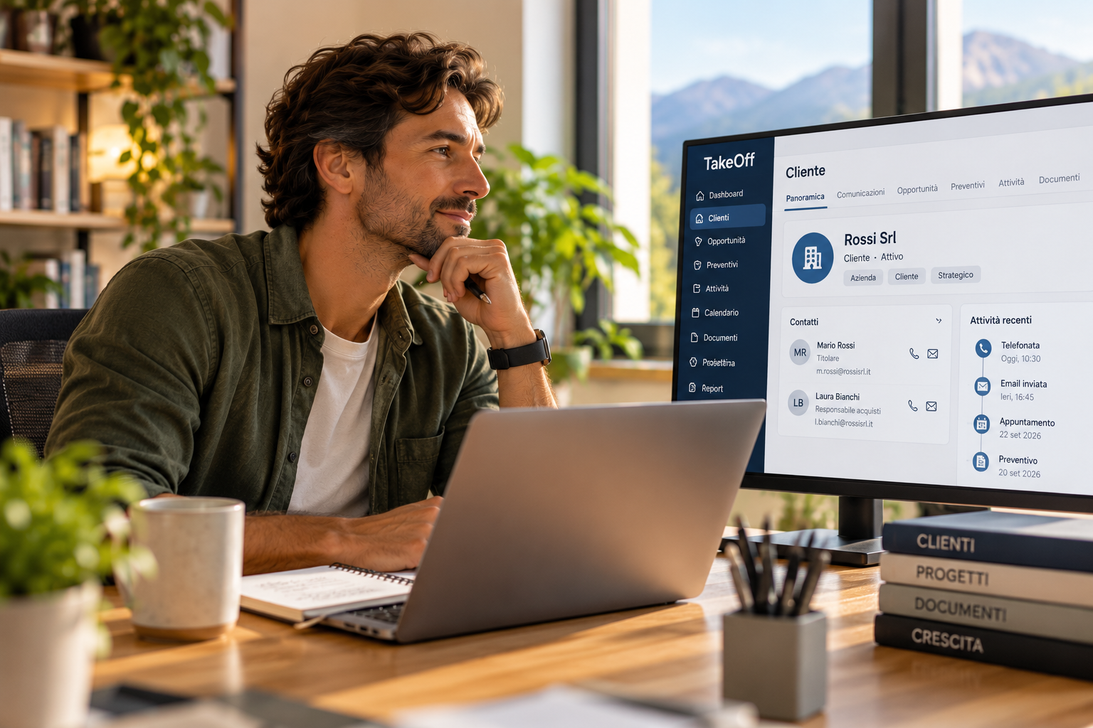 Professionista al lavoro da remoto utilizza un CRM per organizzare clienti, attività e informazioni condivise