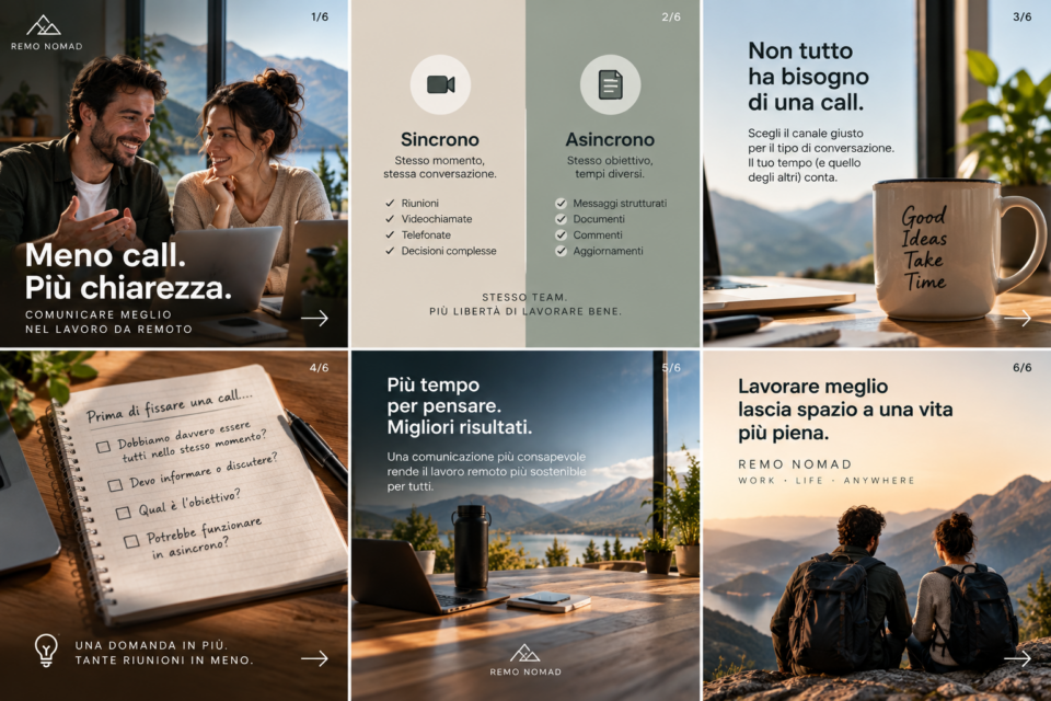 Carosello Remo Nomad su comunicazione sincrona e asincrona e riduzione delle call nel lavoro remoto