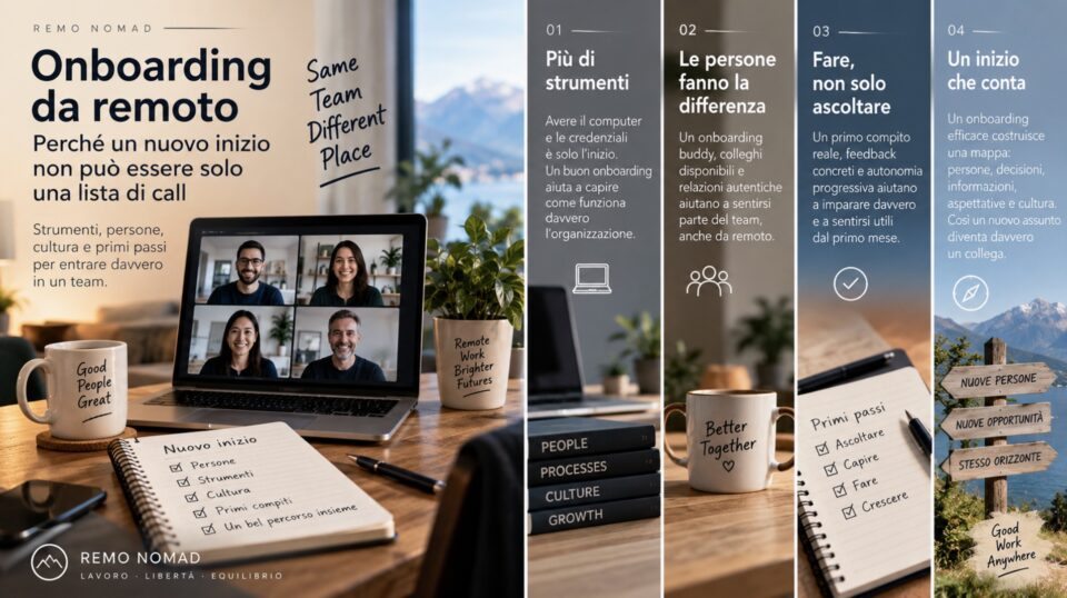 Carosello sull’onboarding da remoto con team in videochiamata, strumenti di lavoro e quattro fasi per integrare un nuovo collega